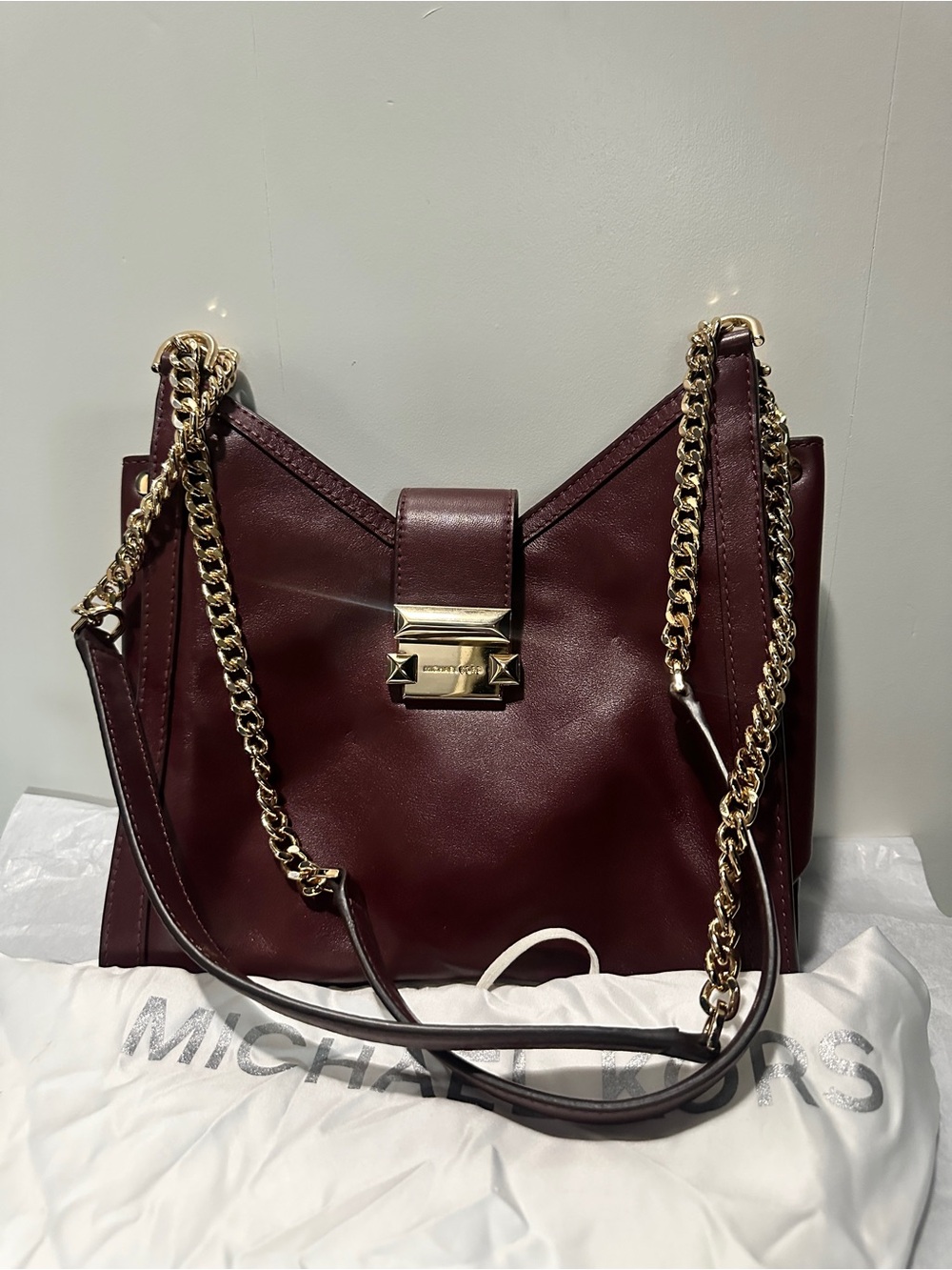 Michael Kors Whitney - Burgundy Leather Shoulder Bag with Gold Chain
